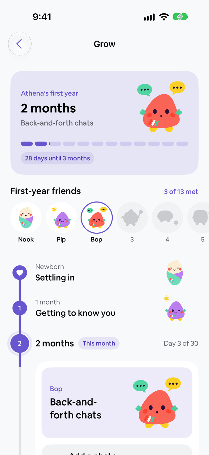 Tiny Tally Grow showing Athena’s first-year timeline and illustrated month cards.