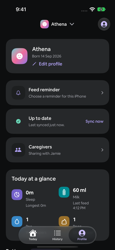 Athena's profile showing Caregivers and Sharing with Jamie