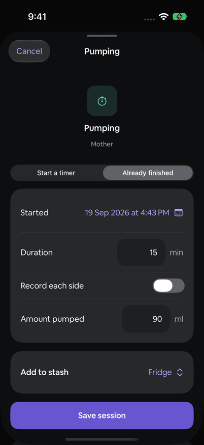 A pumping record with 90 ml stored in the fridge