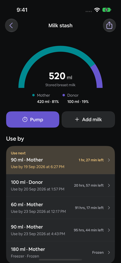 Milk stash after storing the pumped milk, total 520 ml