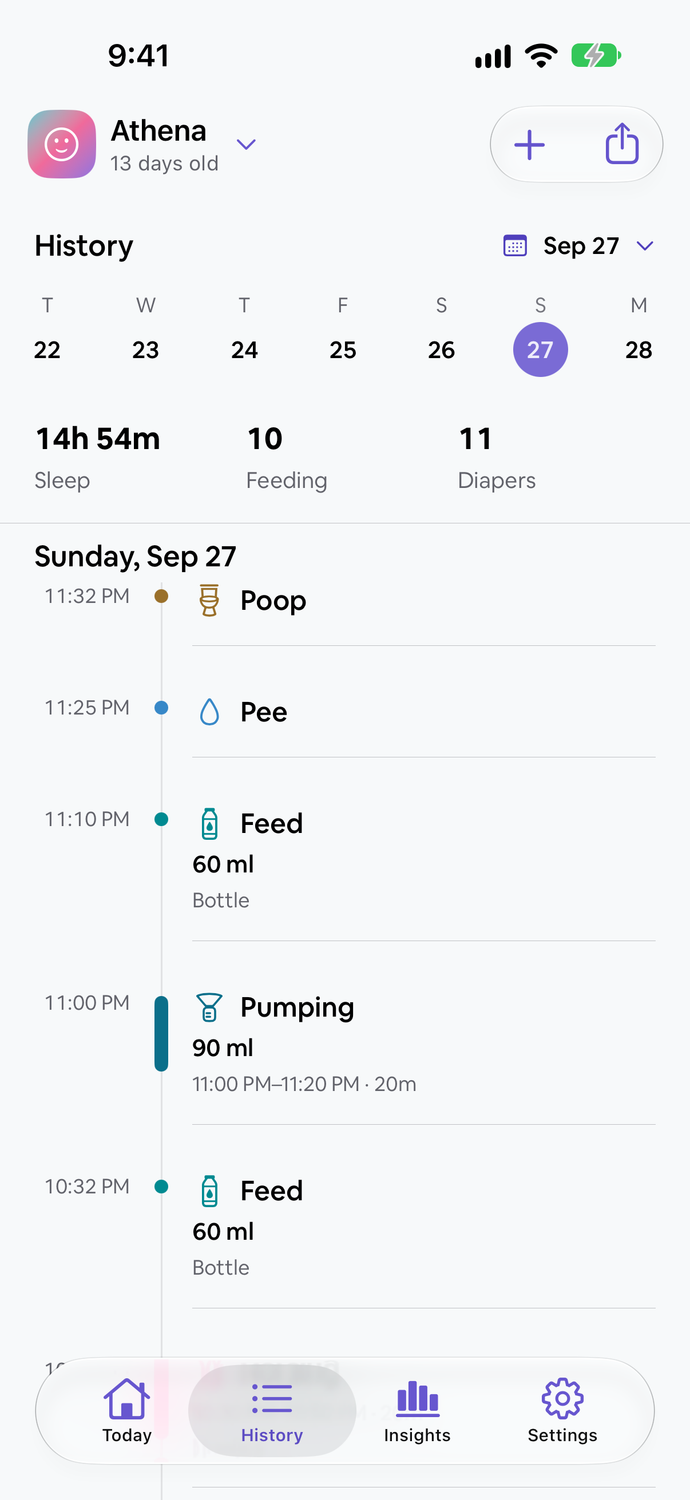 Tiny Tally History showing sample feed, sleep and diaper entries.