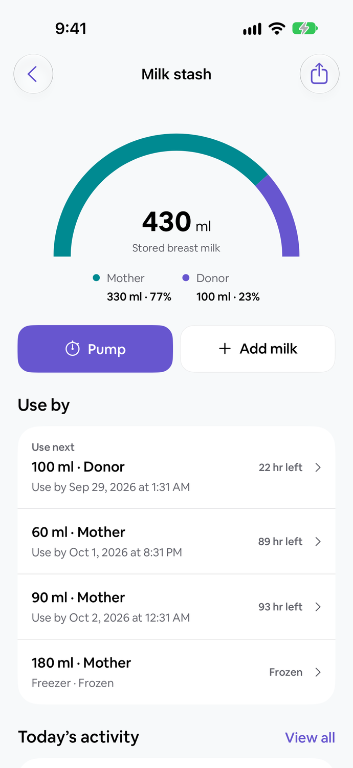 Tiny Tally Milk stash with a sample balance, milk sources and stored portions ordered by use-by date.