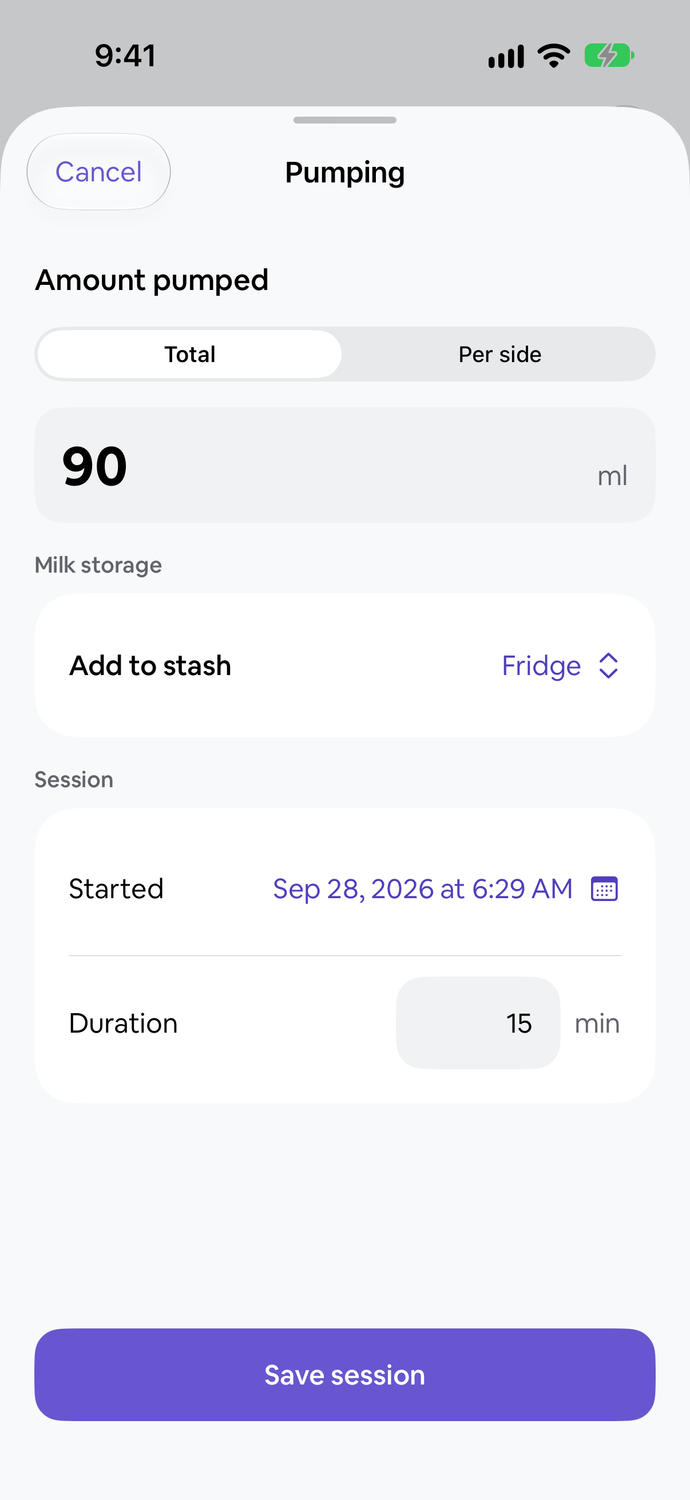 Tiny Tally finished pumping form with a sample duration, collected amount and fridge storage.