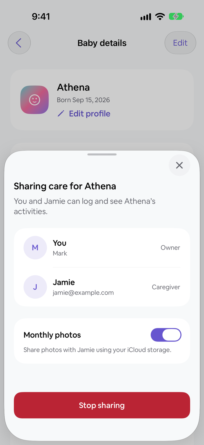 The current Sharing care for Athena sheet with sample caregivers, over her profile and sync status.