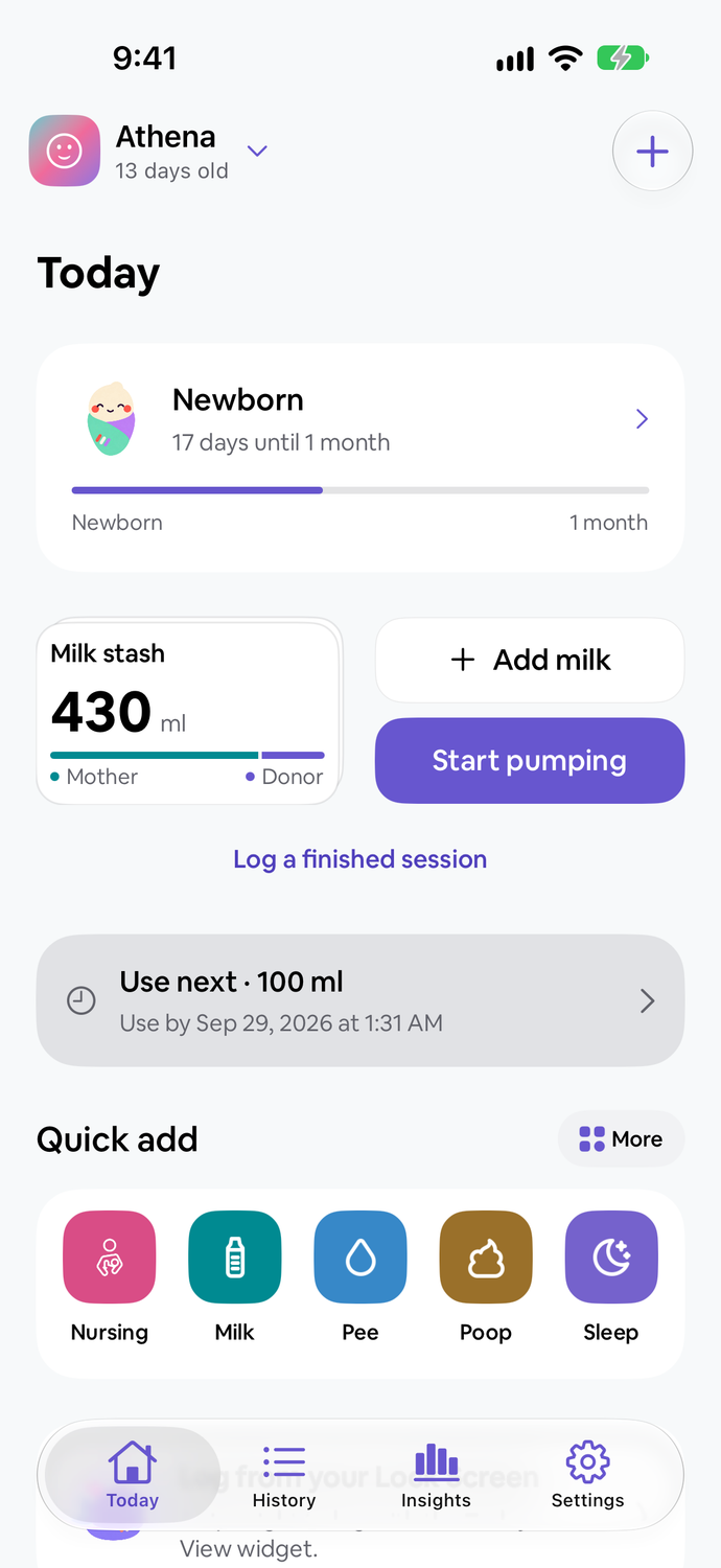 Tiny Tally Today with Pee and Poop quick actions alongside feeding and sleep.