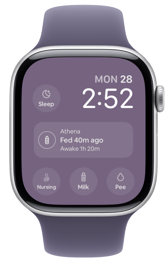 Tiny Tally on the Modular watch face, showing sample baby Athena's last feed, awake time and care shortcuts.