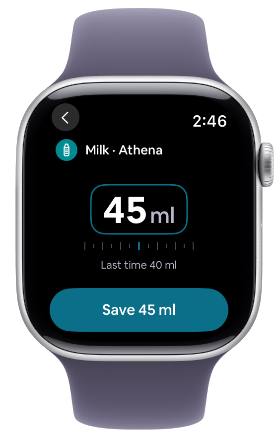 Tiny Tally's bottle feed screen on Apple Watch with a sample amount of 45 ml and a Save button.