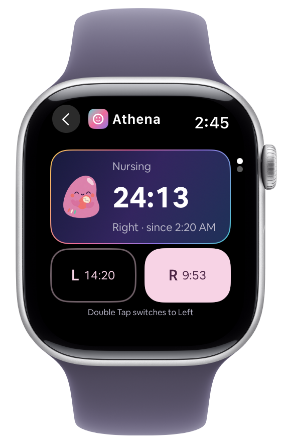 An active nursing session for sample baby Athena on Apple Watch, showing time on each side and the switch-side control.